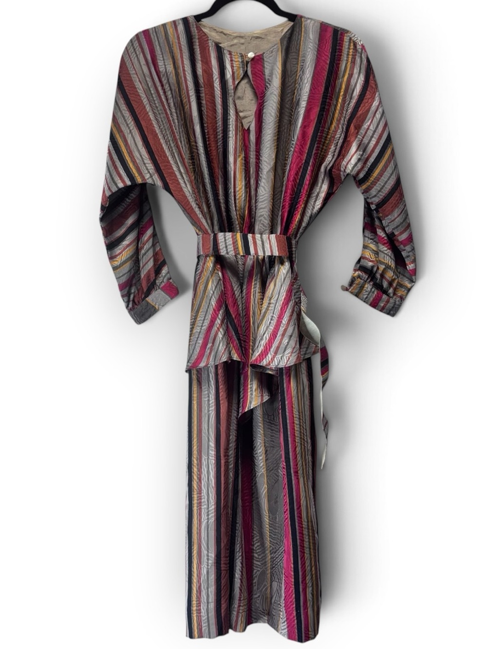 Vintage 70s Striped Jacquard Peplum Belted Maxi Dress